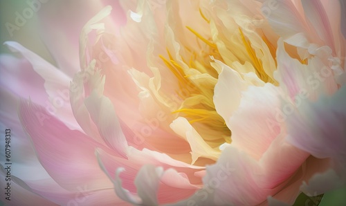  a close up of a pink and white flower with a green back ground and a light green back ground and a white and yellow center flower.  generative ai