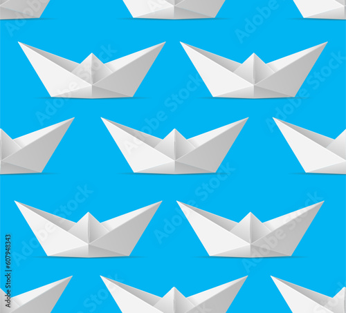 Realistic Detailed 3d White Paper Boat Seamless Pattern Background on a Blue for Web and App. Vector illustration