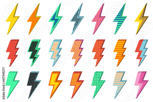 Lightning bolt. Set of vector comic logos. Modern pop art for lightning offer. Electric charge symbols isolated on white. Isometric lightning with texture and decorative ornaments.