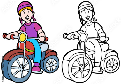 Cartoon image of a kid riding a bicycle - both color and black / white versions.