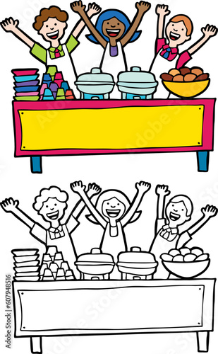 Cartoon image of servers at a buffet table with blank banner - both color and black / white versions.