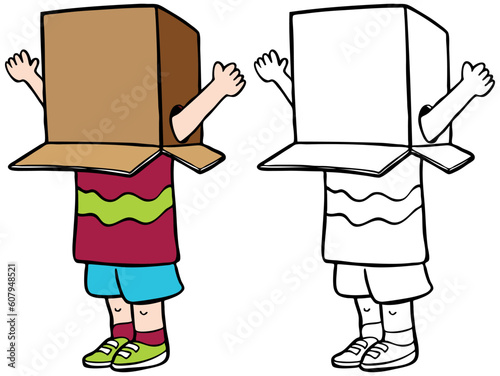 Cartoon image of a child playing with a box over head - both color and black / white versions.