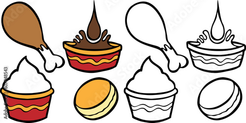 Cartoon image of good food with chicken or turkey, mashed potatoes, gravy, and a biscuit - both color and black / white versions.