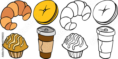 Cartoon image of different breakfast food items - both color and black / white versions.