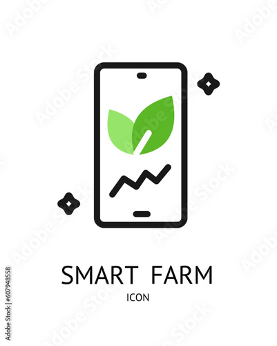Smart Farm Sign Thin Line Icon Emblem Concept and Smartphone Device Screen. Vector illustration of Agronomy Innovation