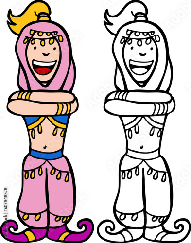 Cartoon image of a girl dressed as a genie - color and black/white versions. photo