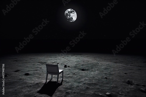 A lone chair in the vast emptiness of the moon