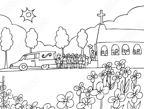 Cartoon of people carrying a casket out of a hearse and into a crowded church - black and white version. photo