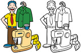Cartoon image of a tailor professional - color and black/white versions.