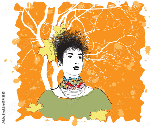 Illustration of a young dreaming woman in one of autumn days