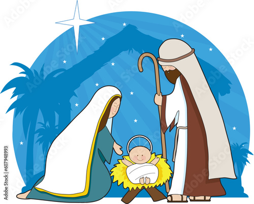 A nativity scene with the star of Bethlehem in the background