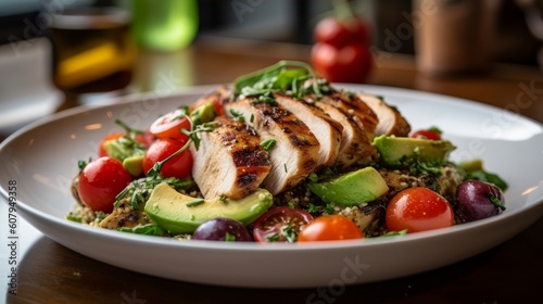 quinoa salad with cherry tomatoes, avocado, and grilled chicken on a white plate