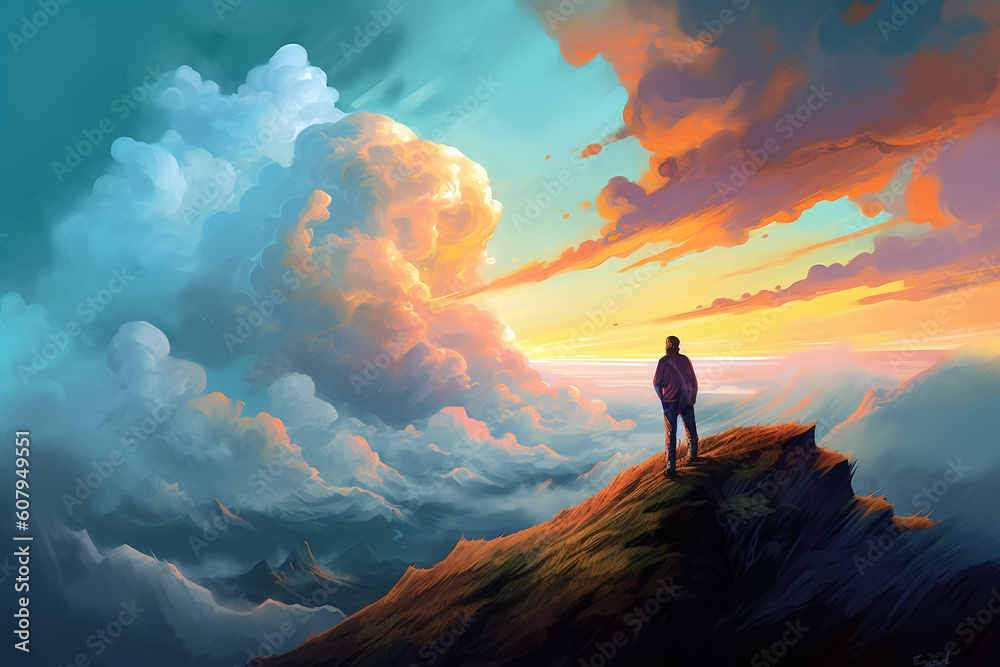 man standing on a hillside at sunset, Generative AI