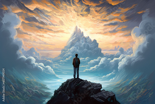 man standing on a hillside at sunset, Generative AI