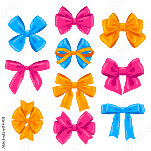 Set of color satin bows. Ribbon with knot for card decoration and design. © incomible