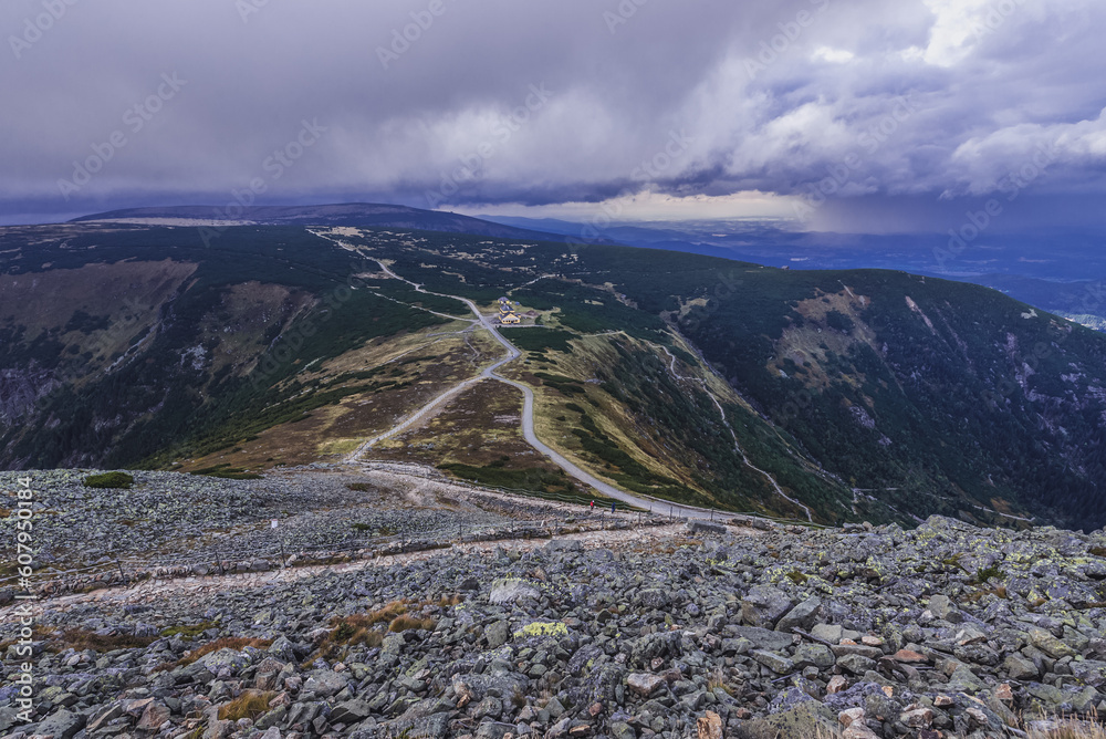 Aerial view from pass under Mount Sniezka in Karkonosze mountains, on the border of Czech Republic and Poland