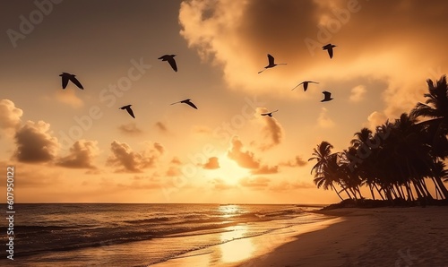  a flock of birds flying over the ocean at sunset with palm trees.  generative ai © Anna