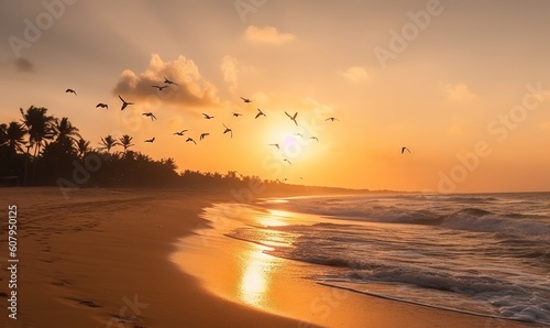  a flock of birds flying over the ocean at sunset on a beach. generative ai