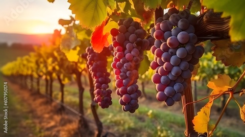 Ripe red wine grapes in vineyard at sunset, close up.