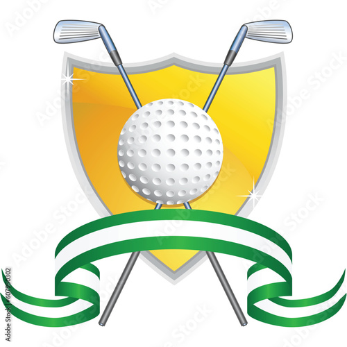 Golf themed background with shield and ribbon.