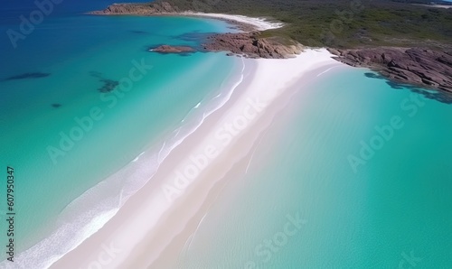  an aerial view of a sandy beach and turquoise water in the ocean. generative ai