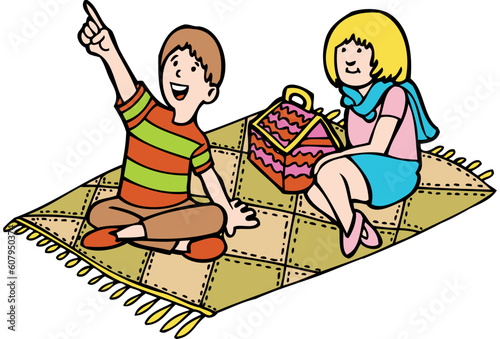 Young child and his friend are having a picnic on a hill watching the leaves turn color during the fall season.