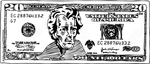 Hand drawn sketch of a 20 dollar bill.