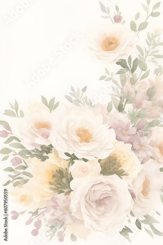 Greeting wedding card template with flowers for congratulations. Watercolor