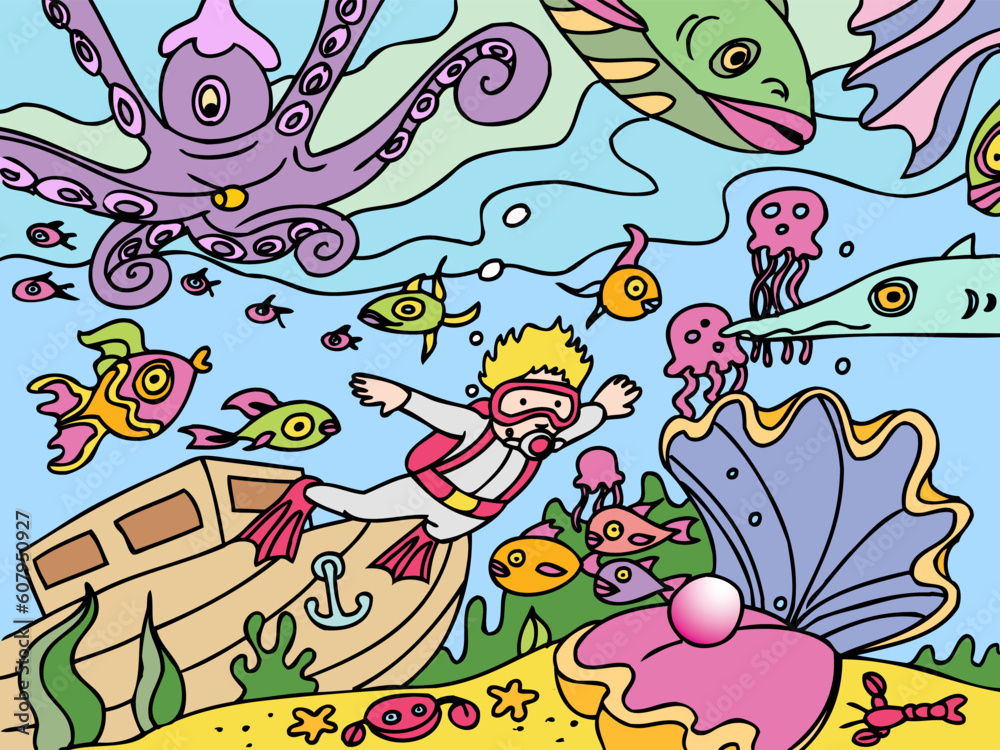 Fototapeta premium Child is deep under the sea exploring the beauty of the ocean fish, plants and other sea life.