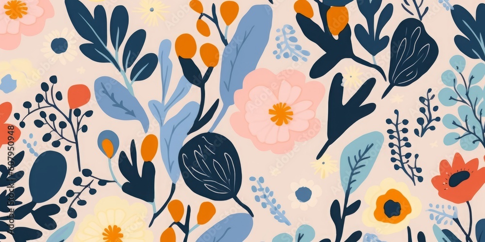Hand drawn naive abstract floral print. Cute collage pattern. Fashionable template for design, Generative AI Hand drawn naive abstract floral print. Cute collage pattern. Fashionable template for design, Generative AI