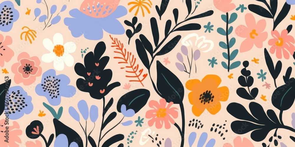 Fototapeta premium Hand drawn naive abstract floral print. Cute collage pattern. Fashionable template for design, Generative AI