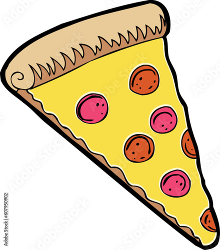 A slice of pepperoni / sausage pizza.