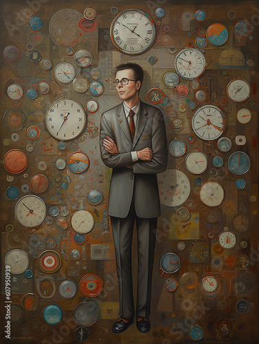 A suited arms folded business man standing by the wall which has many clocks