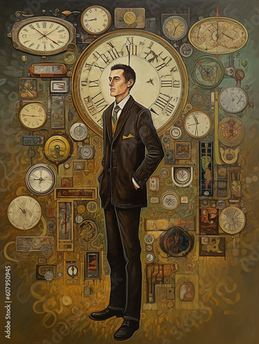 A Businessman with his hands in his pockets standing by the wall which has many clocks