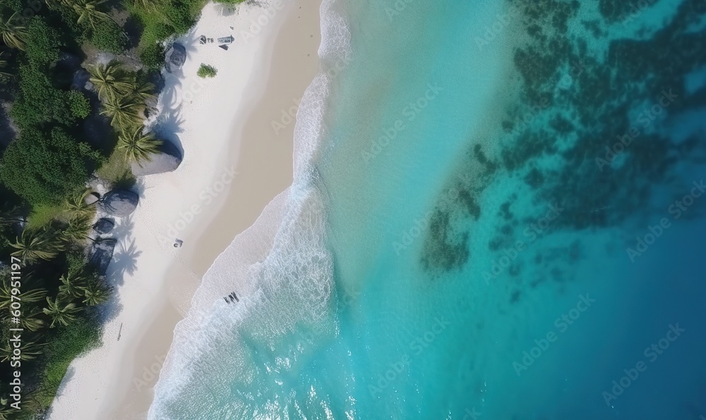  an aerial view of a beach and ocean with palm trees.  generative ai