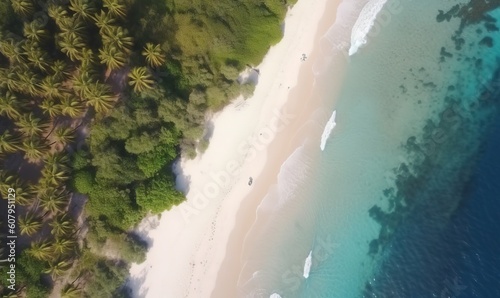  an aerial view of a beach and palm trees in the ocean. generative ai