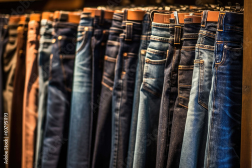 Row of denim jeans hanging in closet. Jeans store in a shopping center. Denim sales. Generative AI