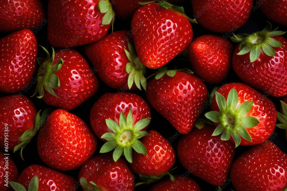 Fresh ripe strawberries with green leaves. Food background. Generative AI Fresh ripe strawberries with green leaves. Food background. Generative AI