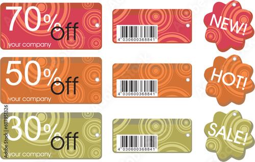 set of price labels in colors red, orange and green