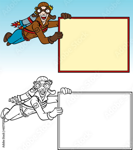 Man flying with a jetpack with blank signage - both color and black / white versions.
