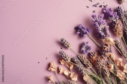 Top view of flat pastel purple background with lavender flowers, above copy space. Generative AI professional photo imitation.