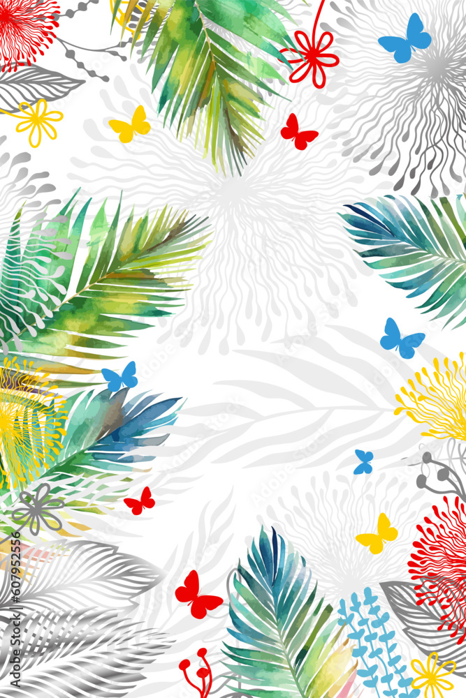 Abstract art nature background vector. Modern shape line art wallpaper. Boho foliage botanical tropical leaves and floral pattern design for summer sale banner , wall art, prints and fabrics.