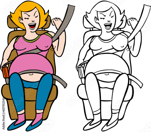 Pregnant woman is uncomfortable wearing her car seatbelt - both color and black / white versions.