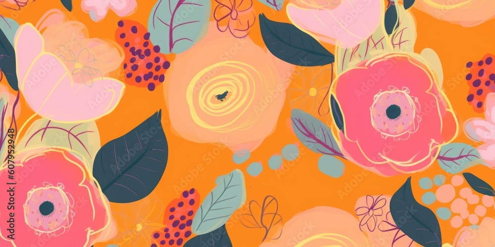 Obraz premium Hand drawn bright cute artistic flowers print. Modern cartoon style botanical pattern. Fashionable template for design, Generative AI