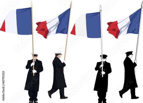 Vector illustration of french guard of honour with flag at Military parade