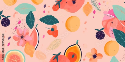 Hand drawn abstract cute fruits and flowers pattern. Collage playful contemporary print. Fashionable template for design, Generative AI