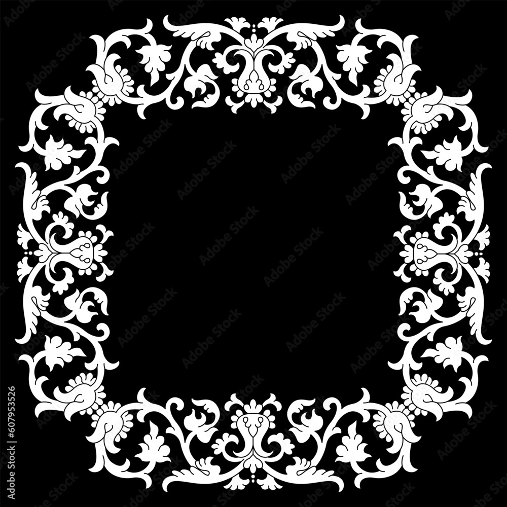 Rectangular botanical frame. Square floral border ornament with leaves and vines. Vintage folk style. Decorative element. White silhouette on black background. Rectangular botanical frame. Square floral border ornament with leaves and vines. Vintage folk style. Decorative element. White silhouette on black background.