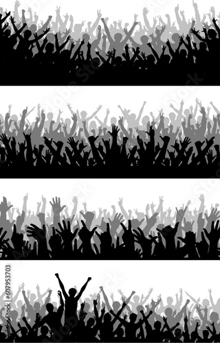 Set of editable vector silhouettes of cheering crowds