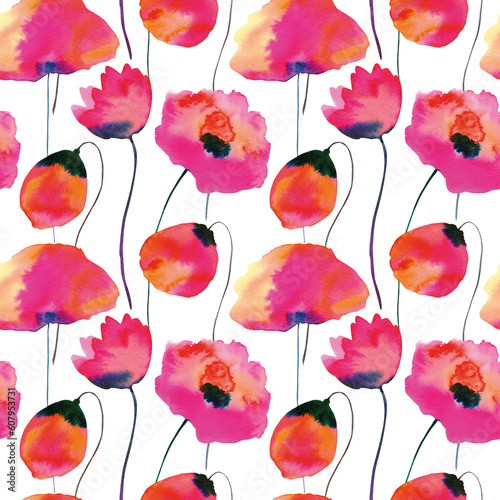 Beautiful seamless pattern with abstract watercolor hand drawn red, pink and lila poppy flowers. Spring summer painting. Stock illustration.