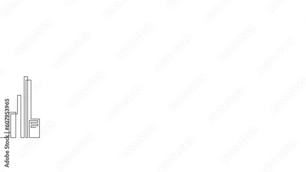 Continuous line drawing of house motion, residential building clip. Panoramic landscape of metropolis architecture, skyscrapers. Modern cityscape continuous one linear animation. Continuous line drawing of house motion, residential building clip. Panoramic landscape of metropolis architecture, skyscrapers. Modern cityscape continuous one linear animation.